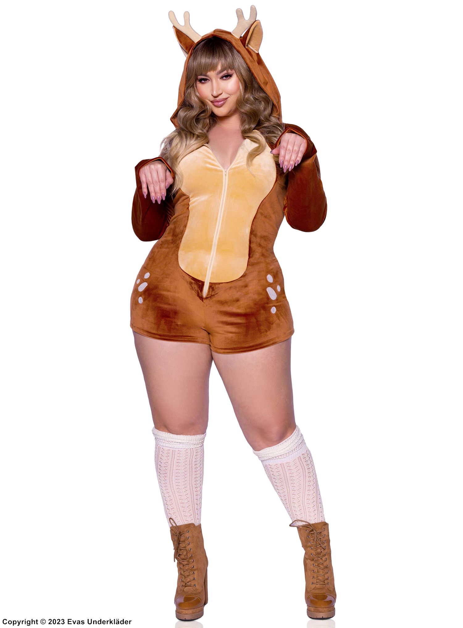 Fawn, costume romper, long sleeves, front zipper, tail, small dots, plus size